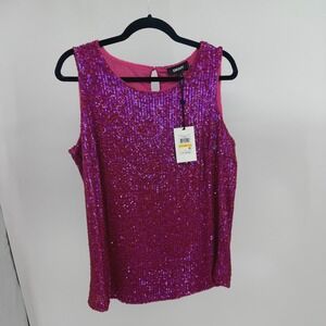 DKNY Womens Hot Pink Sequin Sleeveless Tank Top Crew Neck M NEW Barbie Sparkly